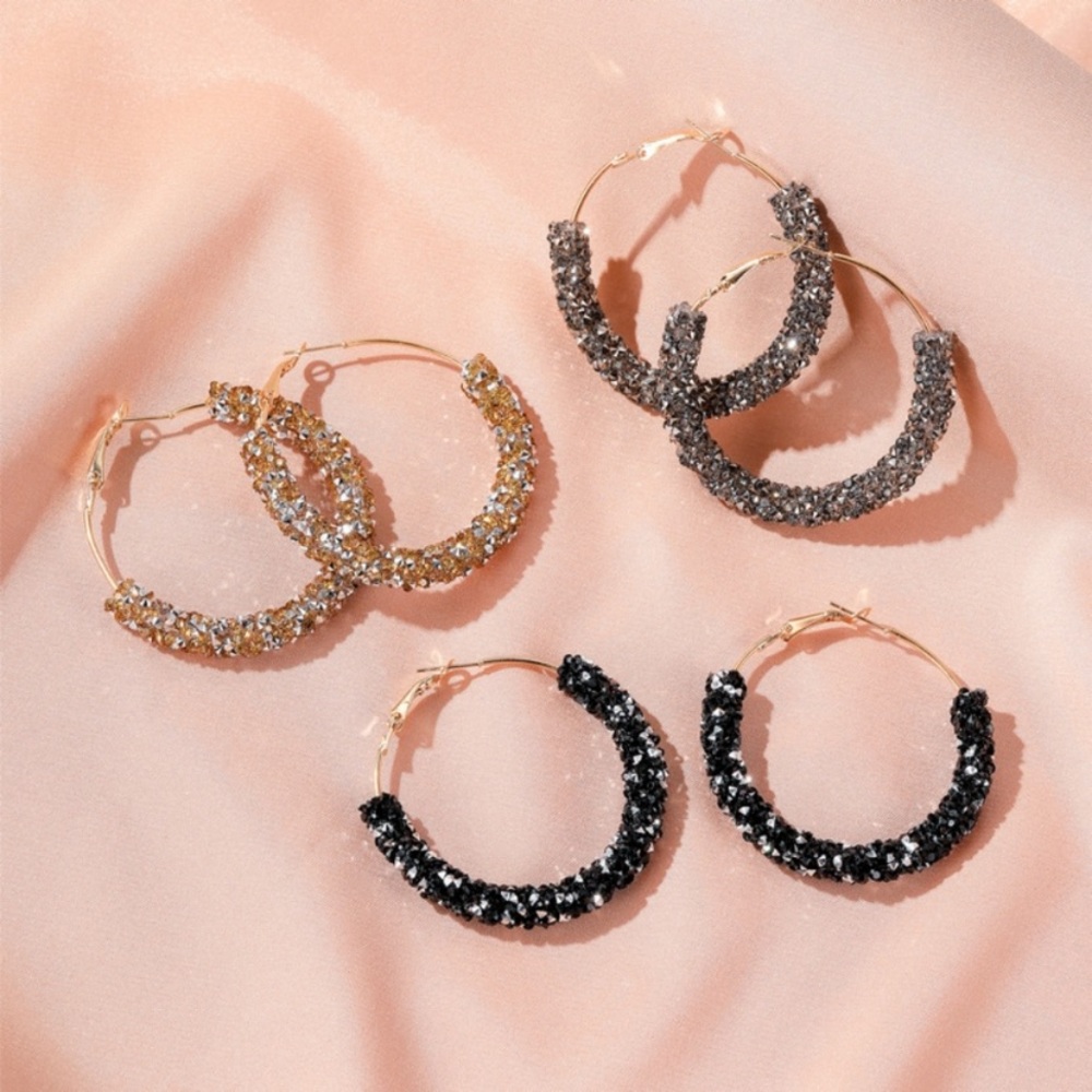(Gray) Retro Rhinestone hoop earrings - Picture 2 of 3